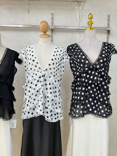 Polka Dot Ruffle V-Neck Tops